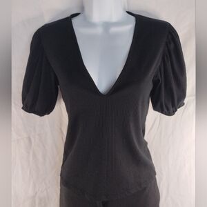 Zara Ribbed Deep V Top With Puffy Sleeves Size M. (Fits Like Size 8)